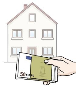 Zeichnung Geldscheine, im Hintergrund ein Haus