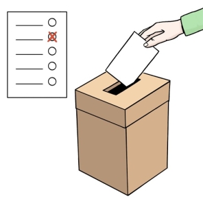 Zeichnung einer Wahlurne mit Stimmzettel