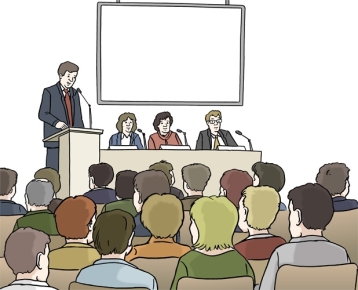Zeichnung einer Sitzung mit Sprecher am Rednerpult 