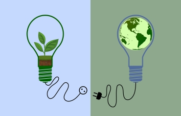 Eine Illustration von zwei Glühbirnen. Im Inneren der einen ist eine kleine Pflanze zu sehen, in der anderen eine Erdkugel. Beide Glühbirnen haben ein Kabel. Eines hat einen Stecker, das andere eine Steckdose. 