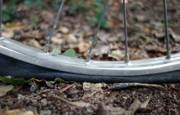 Der untere Teil eines Fahrrad-Rads ist zu sehen. Der Reifen ist platt. Der Reifen steht auf brauner Erde, auf der Blätter liegen. 