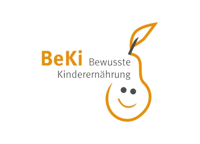 Logo BeKi orange mit blauen, lachenden Birne