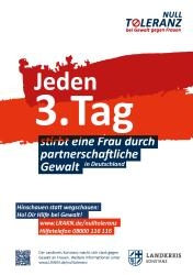 Plakat mit dem Slogan "Jeden 3. Tag stirbt eine Frau durch partnerschaftliche Gewalt""