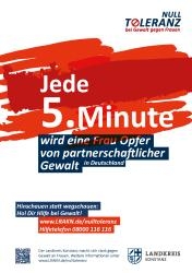 Plakat mit dem Slogan "jede 5. Minute wird eine Frau Opfer partnerschaftlicher Gewalt"