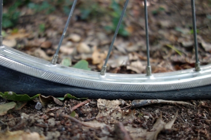 Der untere Teil eines Fahrrad-Rads ist zu sehen. Der Reifen ist platt. Der Reifen steht auf brauner Erde, auf der Blätter liegen. 