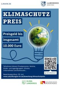 Logos des Landkreises Konstanz und der Vierländerregion Bodensee, im Fokus: Glühbirne mit grüner Erdkugel und Text vor blauem Hintergrund