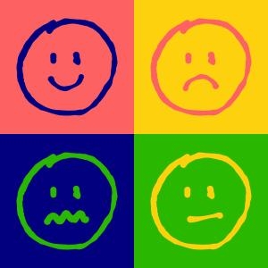 vier verschiedenfarbige smileys mit verschiedenen Ausdrücken auf unterschiedlich farbigen Untergrund